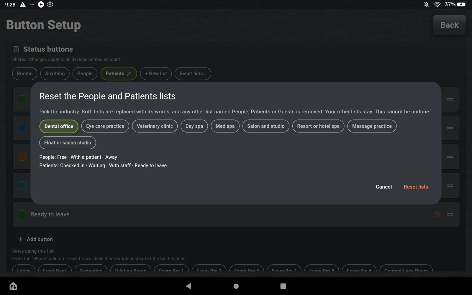 The Reset lists dialog: Reset the People and Patients lists. Pick the industry: Dental office, Eye care practice, Veterinary clinic, Day spa, Med spa, Salon and studio, Resort or hotel spa, Massage practice, Float or sauna studio.